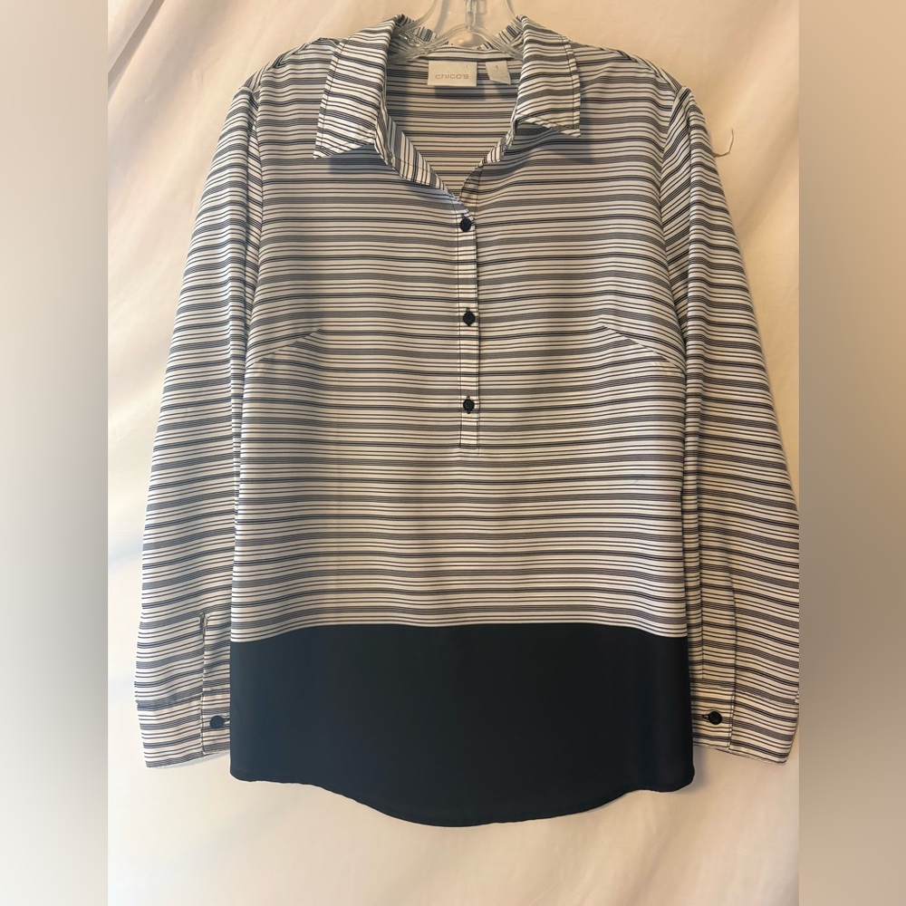 Chico's Black & White Striped Button-Front Blouse